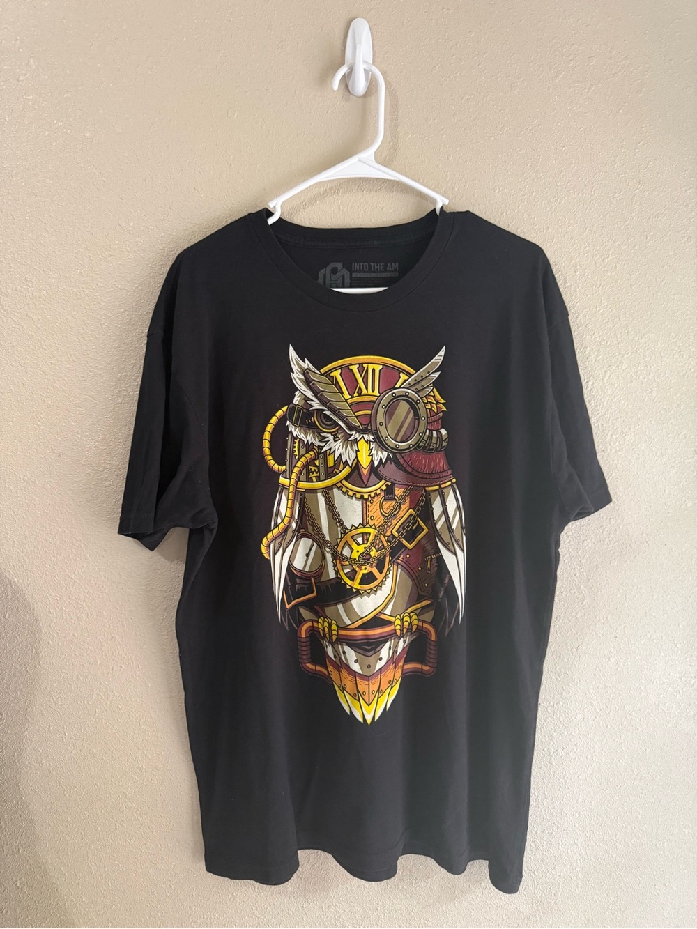 INTO THE AM Men’s SteamPunk Clock Brown/Black Owl T Shirt XL